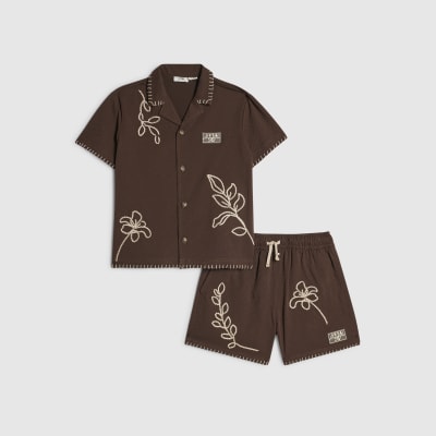Mini Boys Brown Embroidered Floral Swim Set