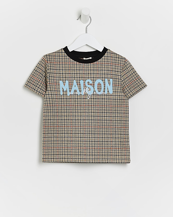 Mini boys brown Maison Riviera check t-shirt