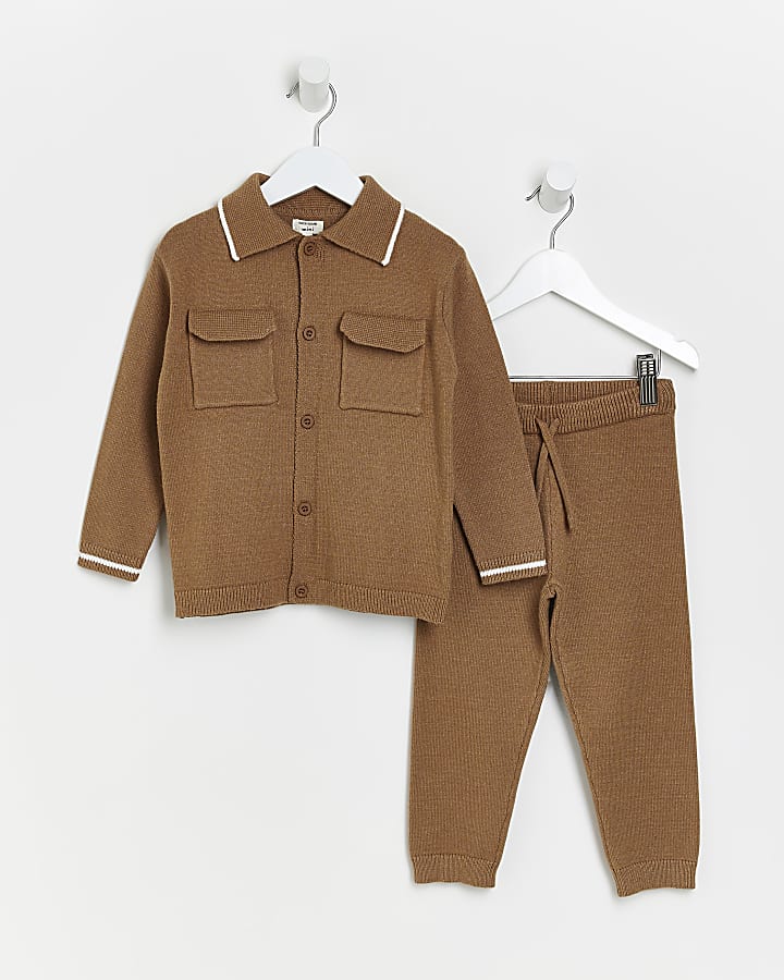 Mini boys Brown Pocket knitted shirt outfit