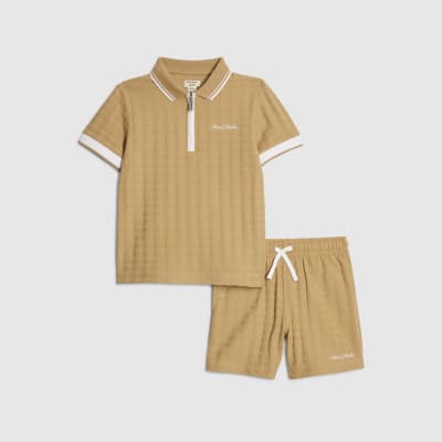 Mini Boys Brown Polo Shirt And Shorts Set