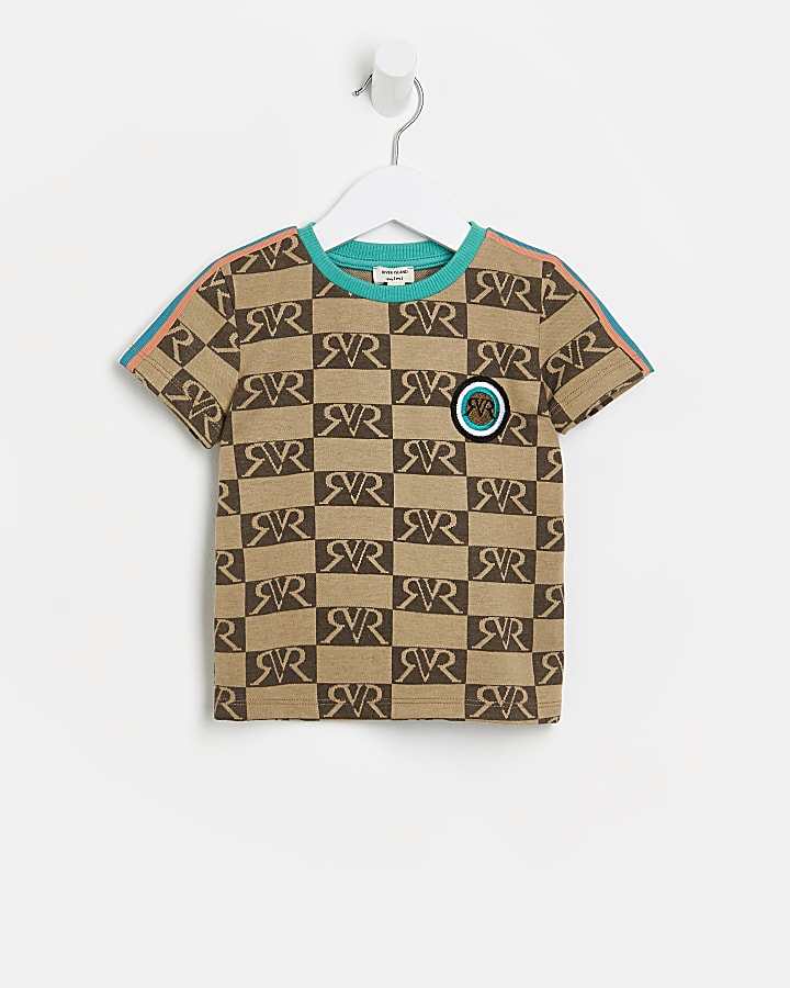 Mini boys brown RVR monogram check t-shirt