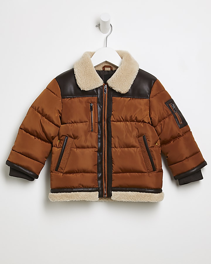 Mini boys brown shearling puffer coat