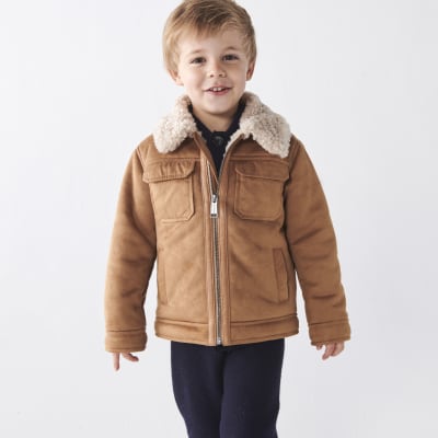 Mini boys brown suedette shearling jacket | River Island
