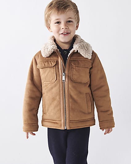 Mini boys brown suedette shearling jacket