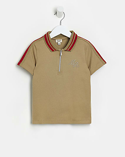 Mini boys Brown zip short sleeve Polo shirt