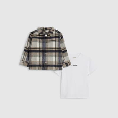 Mini Boys Check Shacket And T-Shirt Set
