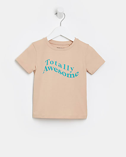 Mini boys coral 'Awesome' print t-shirt
