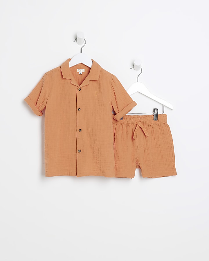 Mini boys coral textured shirt and shorts set