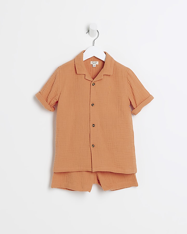 Mini boys coral textured shirt and shorts set