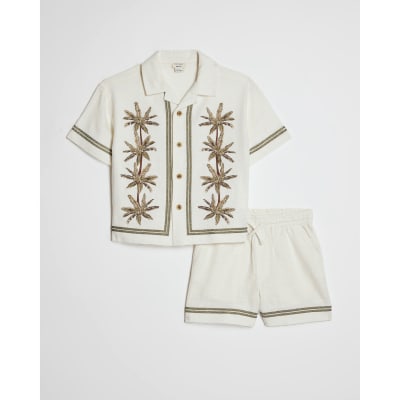 Mini Boys Cream Embroidered Palm Shirt Set