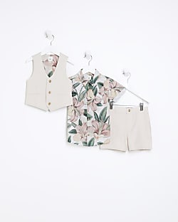 Mini boys cream floral shirt 3 piece suit set