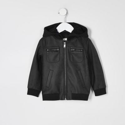 leather jacket with cotton sleeves and hood