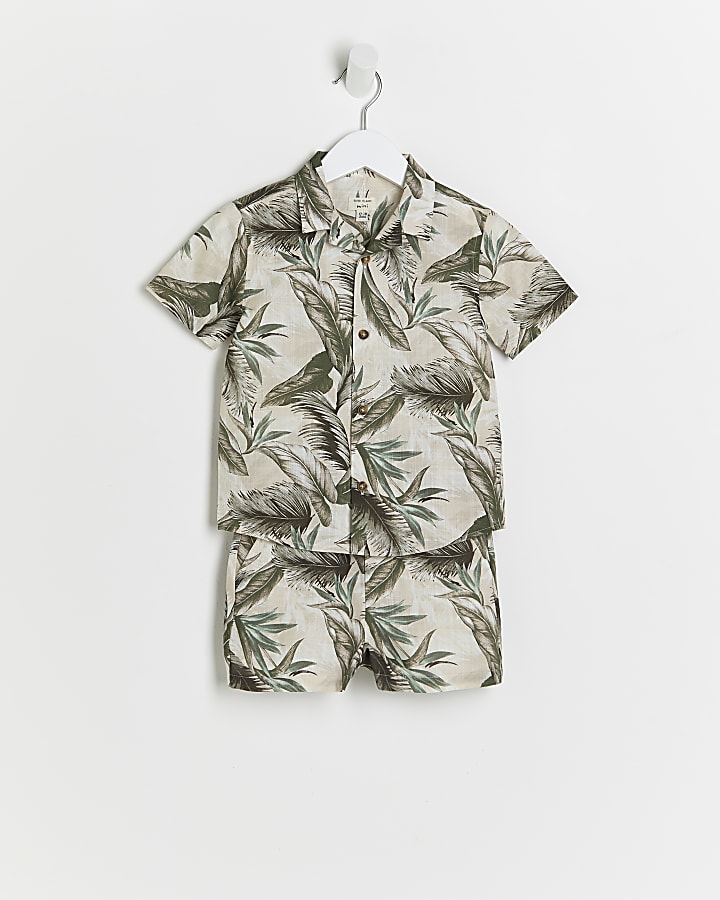 Mini boys ecru palm print shirt outfit