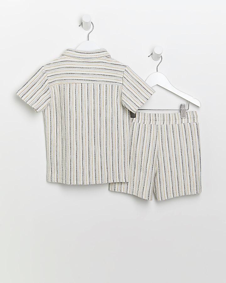Mini boys ecru stripe shirt and shorts outfit