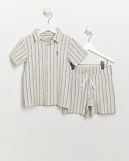 Mini boys ecru stripe shirt and shorts outfit