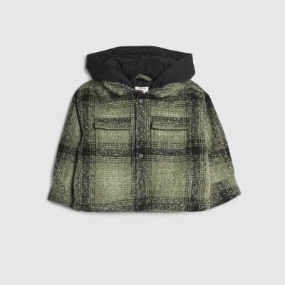 Mini Boys Green Borg Check Hooded Overshirt River Island