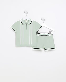 Mini boys green geometric polo shirt outfit