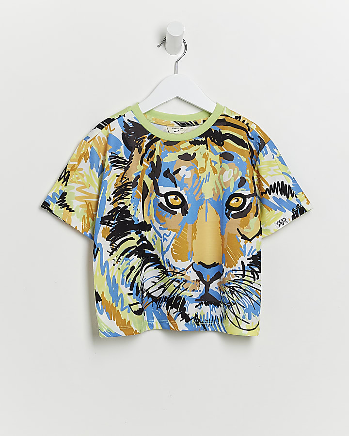 Mini boys green tiger print t-shirt