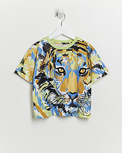 Mini boys green tiger print t-shirt