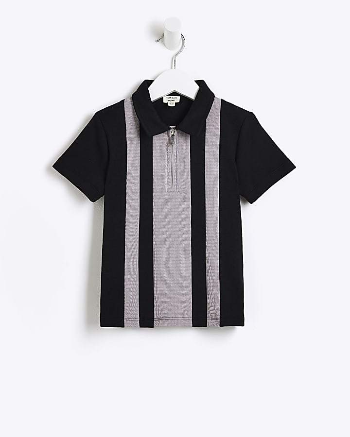 Mini Boys Grey Blocked Stripe Polo Shirt