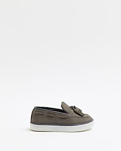 Mini boys grey faux suede tassel boat shoes