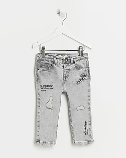 Mini boys grey graphic rip regular fit jeans