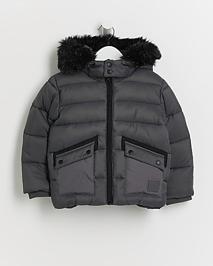 Mini boys grey hooded puffer coat