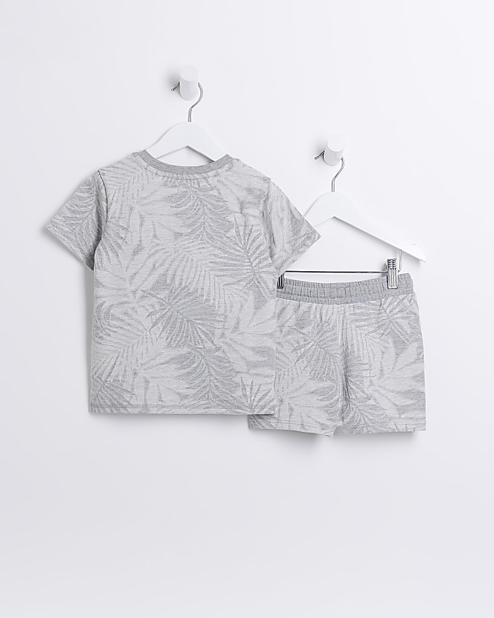 Mini Boys Grey Jacquard Palm Print Shorts Set