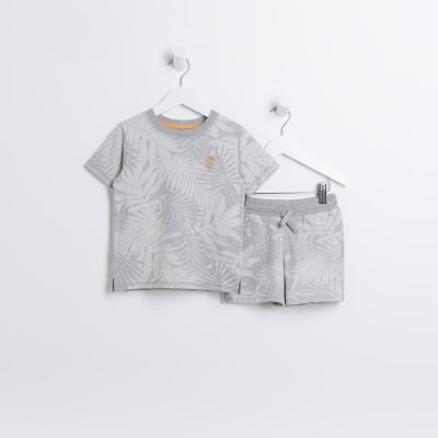 Mini Boys Grey Jacquard Palm Print Shorts Set