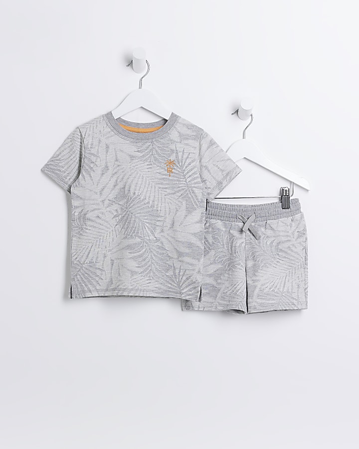 Mini Boys Grey Jacquard Palm Print Shorts Set