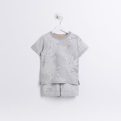 Mini Boys Grey Jacquard Palm Print Shorts Set