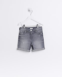 Mini boys grey ripped denim shorts