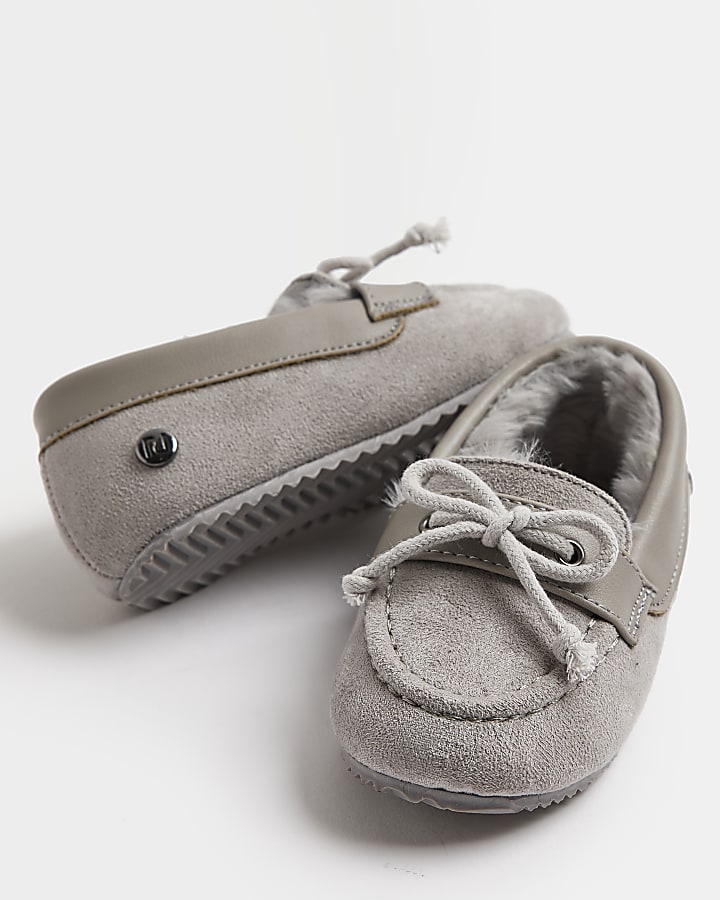 Mini boys Grey Suedette Moccasin slippers