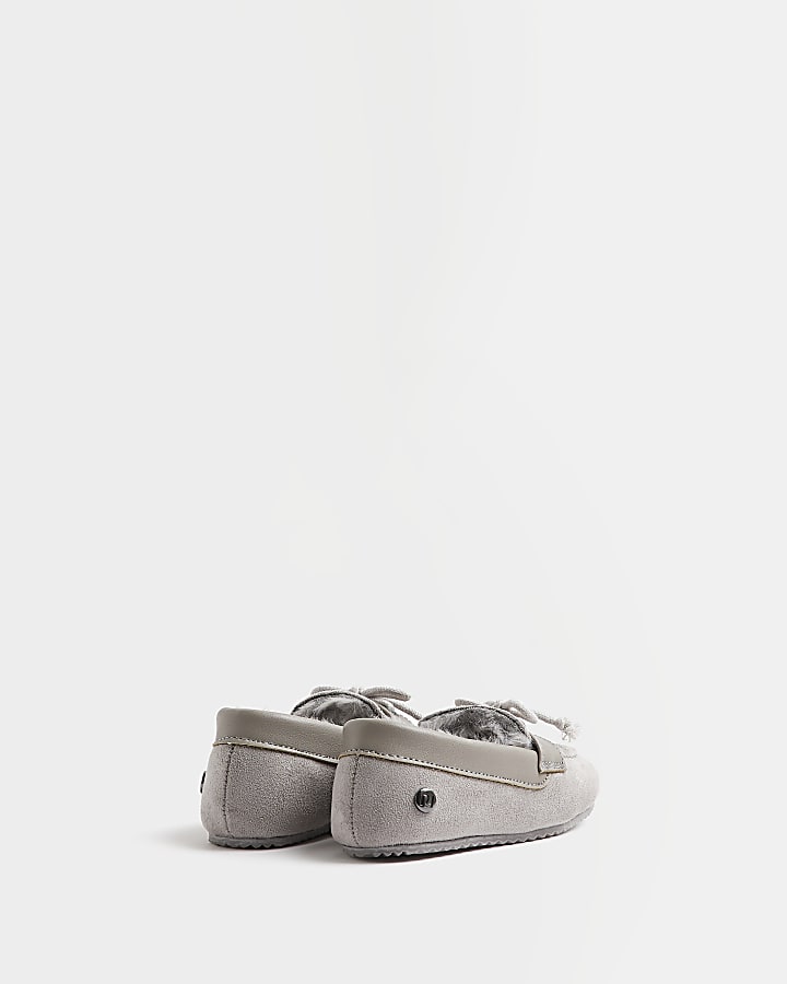Mini boys Grey Suedette Moccasin slippers