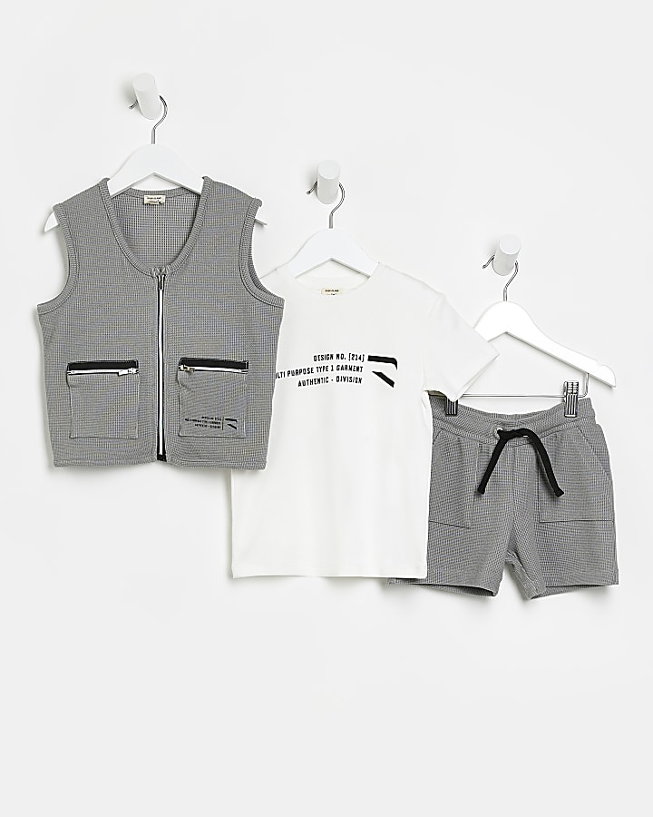 River Island Boys Clothing Jackets Gilets Mini boys Grey Textured Gilet and Shorts Set 