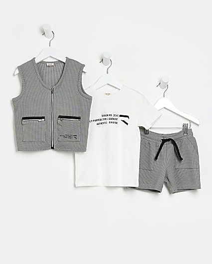 Mini boys Grey Textured Gilet and Shorts Set