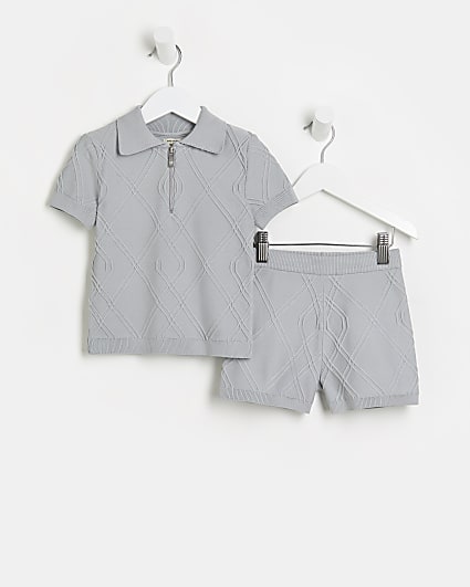 Mini boys grey textured polo shirt outfit