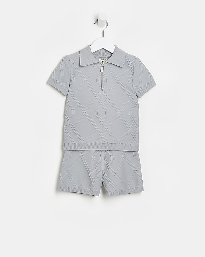 Mini boys grey textured polo shirt outfit