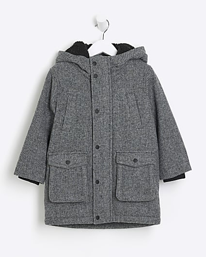 Mini boys grey wool blend parka coat