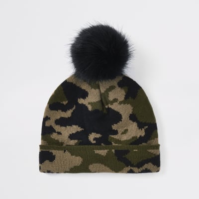 Mini boys khaki camo faux fur beanie hat
