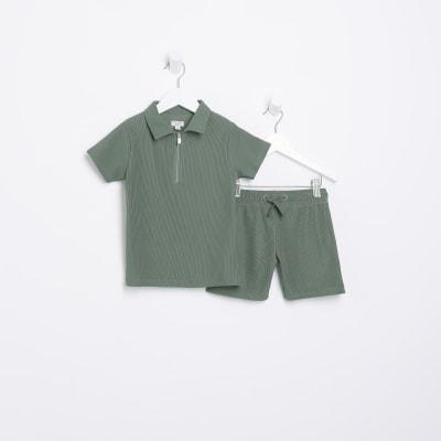 Mini boys khaki Plisse Polo shirt set