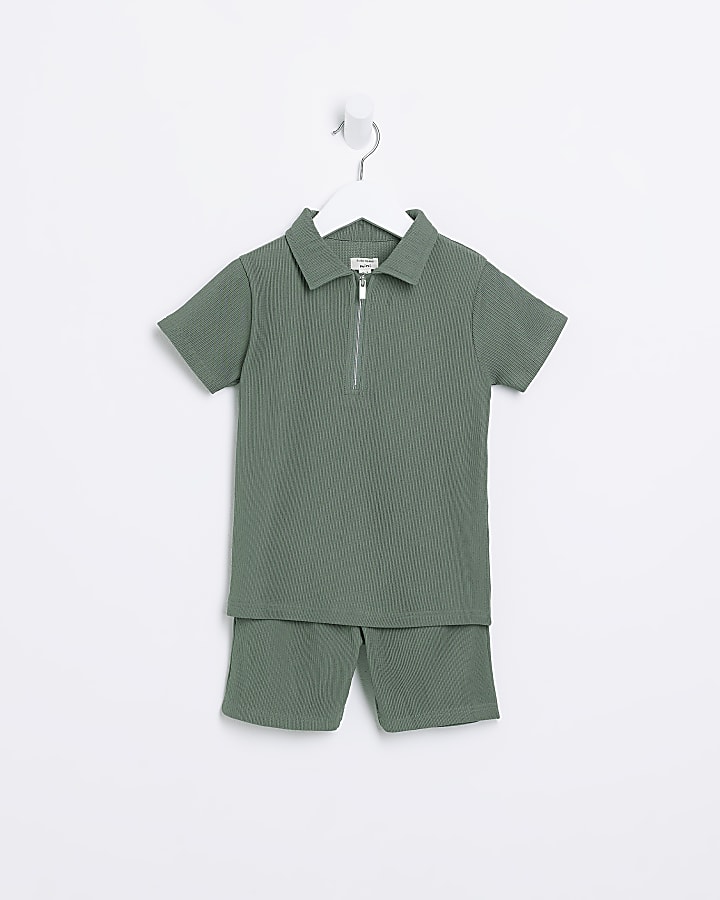 Mini boys khaki Plisse Polo shirt set