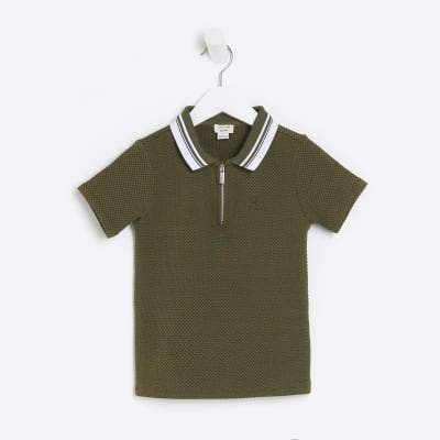 Mini boys khaki short sleeve textured polo | River Island