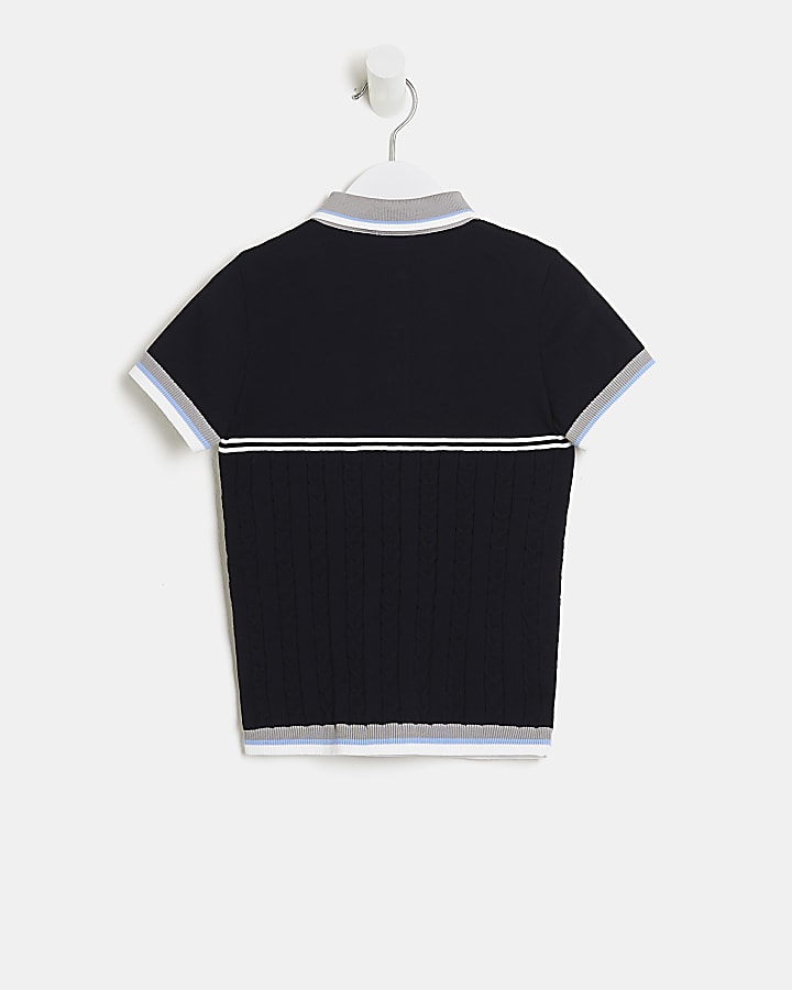 Mini boys navy cable stitch polo shirt