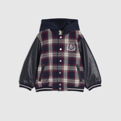 Mini Boys Navy Check Hooded Bomber Jacket