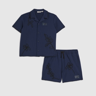 Mini Boys Navy Embroidered Floral Swim Set