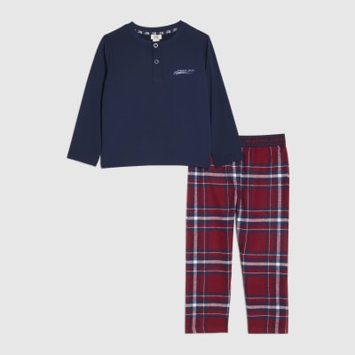 Mini Boys Navy Henley Neck Check Pyjamas Set