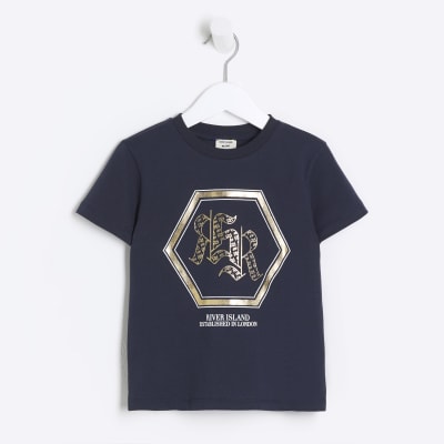 Mini boys navy monogram graphic t-shirt | River Island