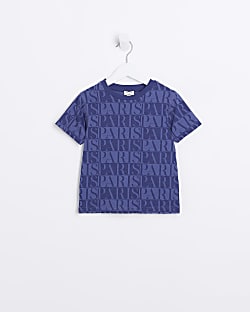 Mini Boys Navy Paris Slogan T-shirt