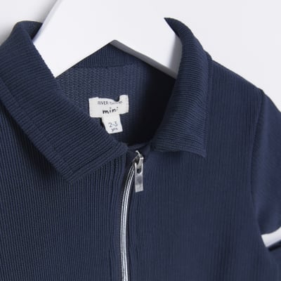 Mini boys navy Plisse Polo shirt set
